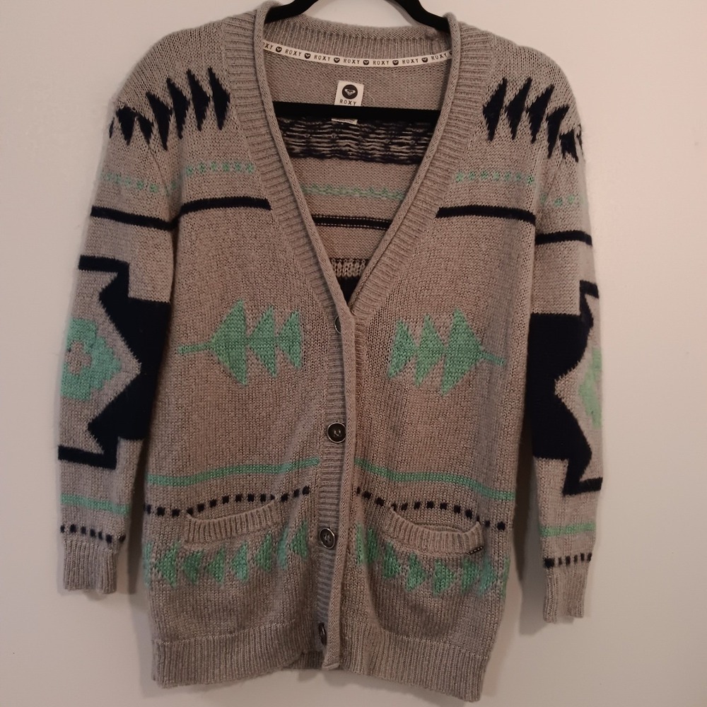 Roxy Women's Cardigan Sweater Aztec Southwestern Knit‎ Gray Mint XS